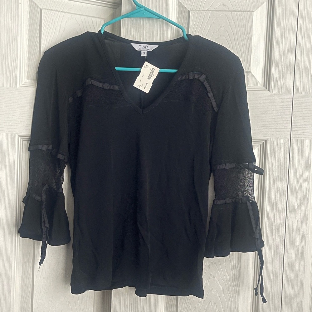NWT Tair Black V-Neck Blouse with Lace Crochet Bell Sleeves - USA
